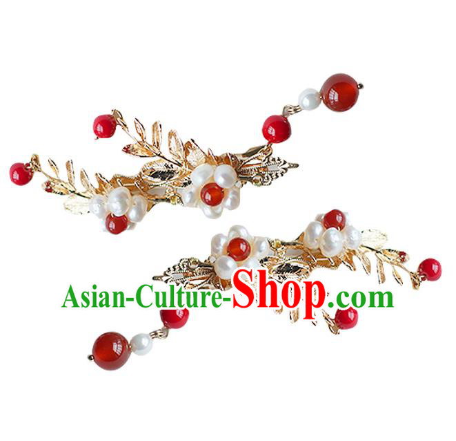 Chinese Ancient Handmade Hanfu Red Bead Hair Sticks Hairpins Hair Accessories for Women