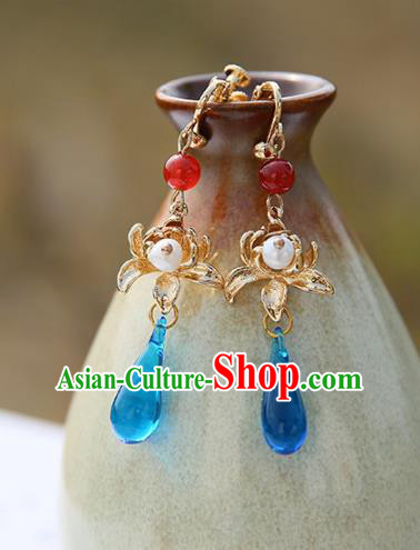 Chinese Handmade Ancient Jewelry Accessories Eardrop Hanfu Blue Crystal Lotus Earrings for Women