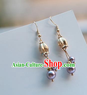 Chinese Handmade Ancient Jewelry Accessories Eardrop Hanfu Purple Beads Earrings for Women