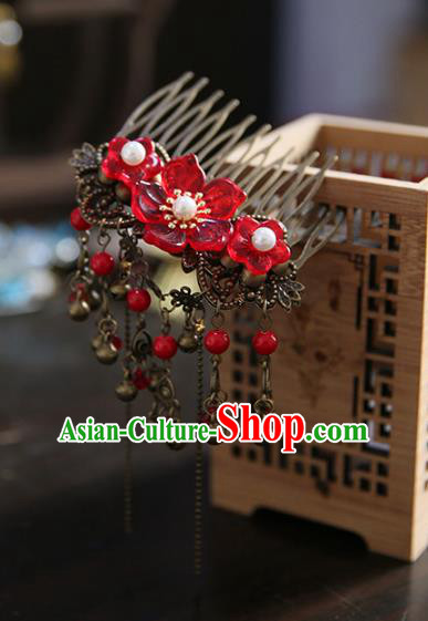 Chinese Ancient Handmade Hanfu Classical Hairpins Red Flowers Hair Comb Palace Lady Hair Accessories for Women