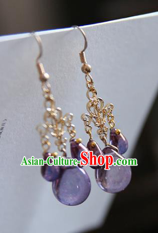 Chinese Handmade Ancient Jewelry Accessories Eardrop Hanfu Purple Crystal Earrings for Women