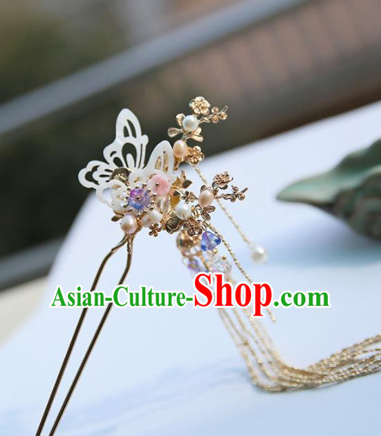 Chinese Ancient Handmade Hanfu Classical Tassel Hairpins Palace Lady Shell Butterfly Hair Clip Hair Accessories for Women