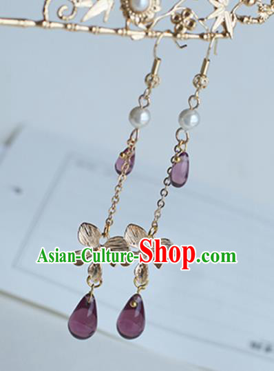 Chinese Handmade Ancient Jewelry Accessories Eardrop Hanfu Purple Beads Long Tassel Earrings for Women