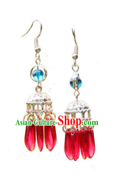 Chinese Handmade Ancient Jewelry Accessories Eardrop Hanfu Red Beads Long Tassel Earrings for Women