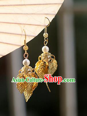 Chinese Handmade Ancient Jewelry Accessories Golden Leaf Eardrop Hanfu Earrings for Women