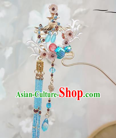 Chinese Ancient Handmade Hanfu Blue Tassel Step Shake Hairpins Hair Accessories for Women