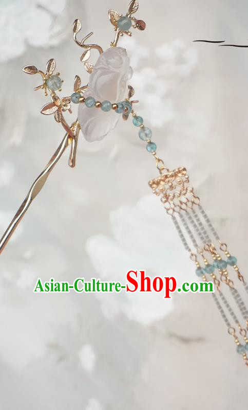 Chinese Ancient Handmade Tassel Step Shake Hanfu Jade Hairpins Hair Accessories for Women