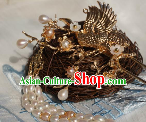 Chinese Ancient Handmade Hanfu Crane Hairpins Hair Accessories Pearls Tassel Step Shake for Women