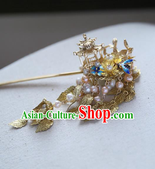 Chinese Ancient Hanfu Handmade Golden Leaf Tassel Hairpins Palace Lady Hair Clip Hair Accessories for Women