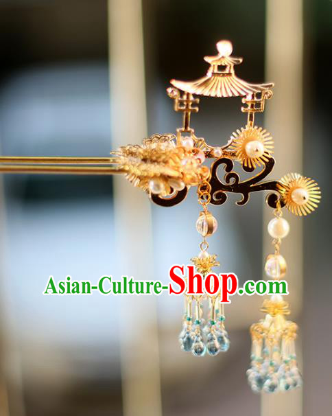 Chinese Ancient Hanfu Handmade Golden Pavilion Hairpins Tassel Hair Clip Hair Accessories for Women