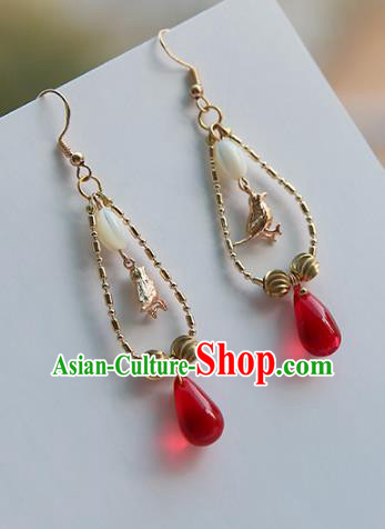 Chinese Handmade Ancient Jewelry Accessories Red Bead Eardrop Hanfu Earrings for Women