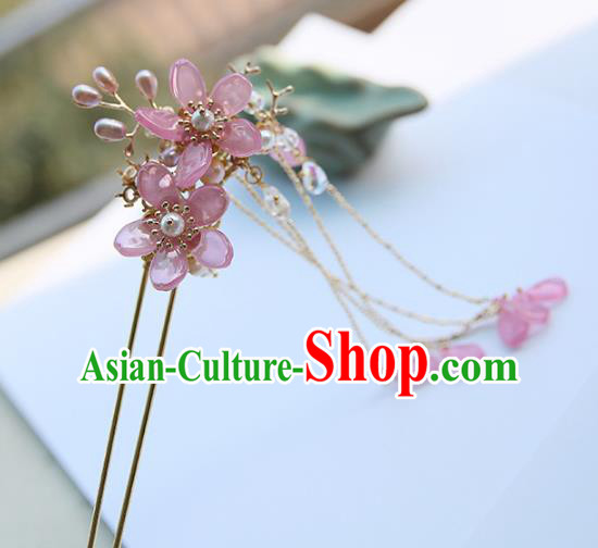Chinese Ancient Hanfu Handmade Pink Flowers Hairpins Step Shake Hair Accessories for Women
