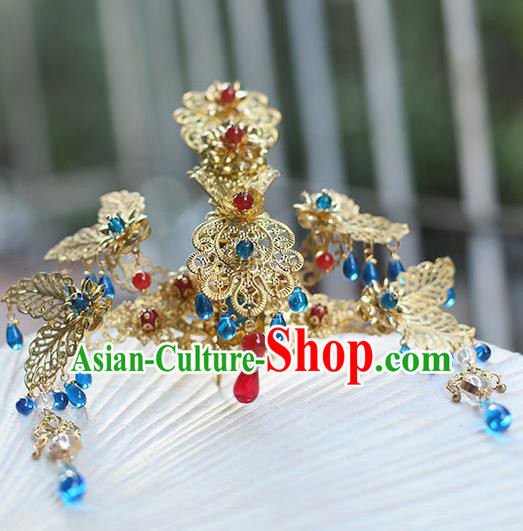 Chinese Ancient Hanfu Handmade Hairpins Blue Beads Tassel Phoenix Coronet Hair Accessories for Women