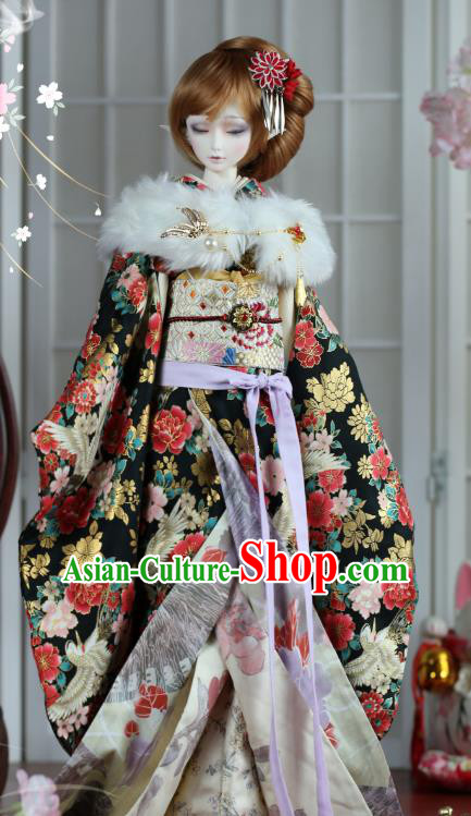 Traditional Asian Japan Costume Japanese Courtesan Black Kimono Vibration Sleeve Kimono for Women