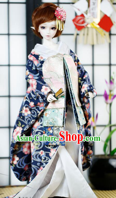 Traditional Asian Japan Costume Japanese Iromuji Kimono Blue Vibration Sleeve Kimono Clothing for Women