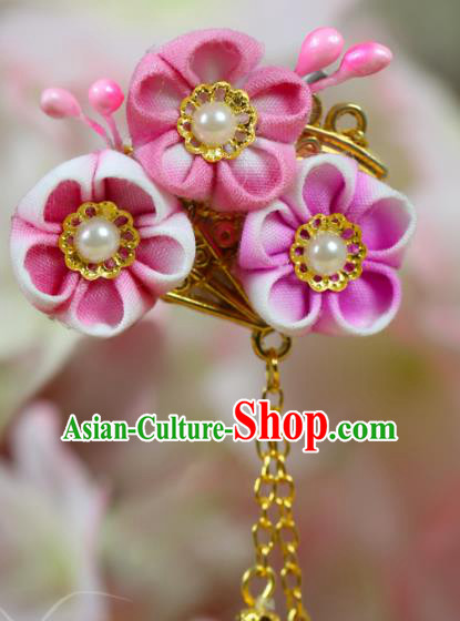 Traditional Asian Japan Hair Accessories Courtesan Pink Flowers Hairpins Japanese Kimono Headwear for Women