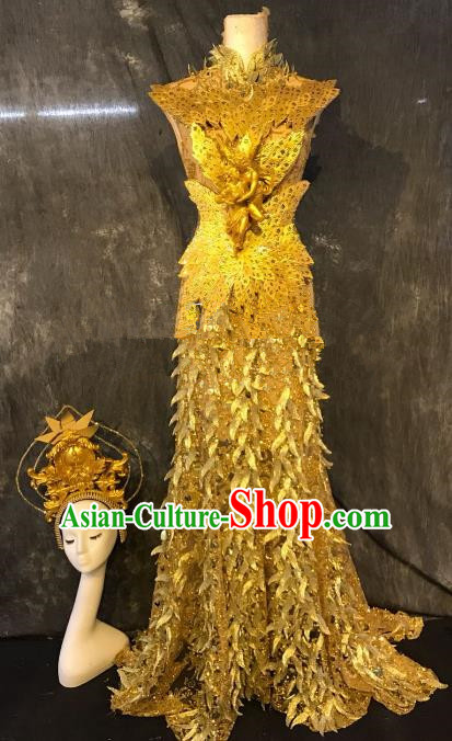 Top Grade Stage Performance Catwalks Costume Halloween Golden Full Dress for Women