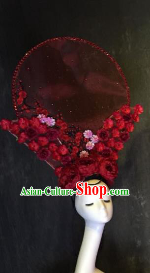 Top Grade China Ancient Red Flowers Hair Accessories Palace Hair Crown Stage Performance Headdress for Women