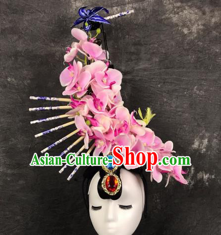 Top Grade China Ancient Pink Flowers Hair Accessories Palace Hair Crown Stage Performance Headdress for Women