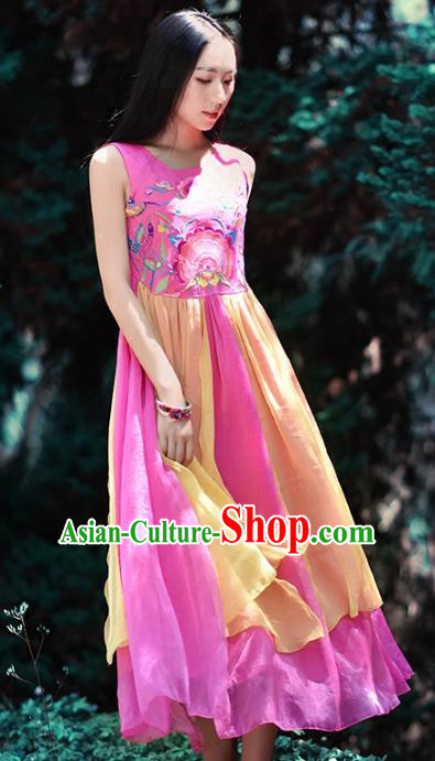 Traditional China National Costume Tang Suit Pink Dress Chinese Embroidered Dresses for Women