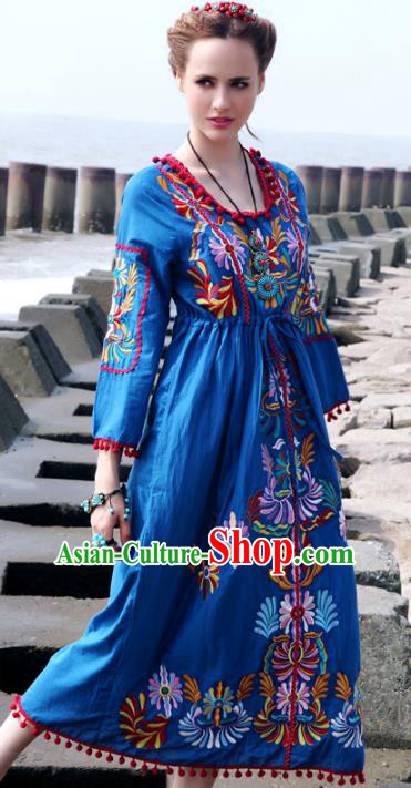 Traditional China National Costume Tang Suit Blue Dress Chinese Embroidered Dresses for Women