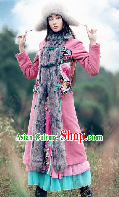 Traditional China National Costume Fur Collar Dust Coat Chinese Embroidered Coats for Women