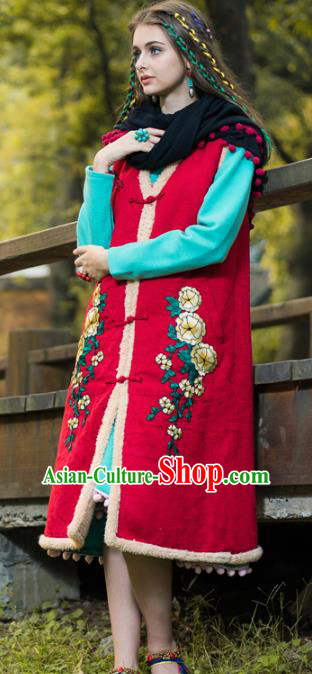 Traditional China National Costume Tang Suit Cotton-padded Vests Chinese Embroidered Long Waistcoat for Women