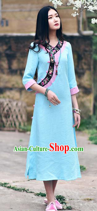 Traditional China National Costume Tang Suit Cheongsam Chinese Embroidered Blue Qipao Dress for Women