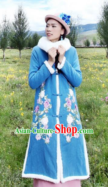 Traditional China National Costume Chinese Tang Suit Embroidered Blue Dust Coats for Women