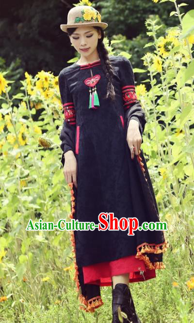 Traditional China National Black Cheongsam Costume Chinese Tang Suit Qipao Dress for Women