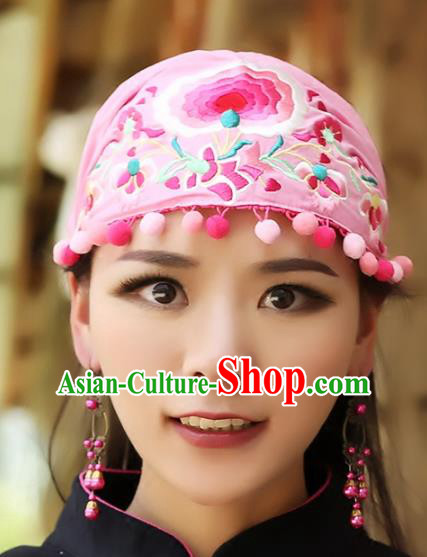 Traditional China National Hair Accessories Chinese Embroidered Pink Hats Kerchief for Women