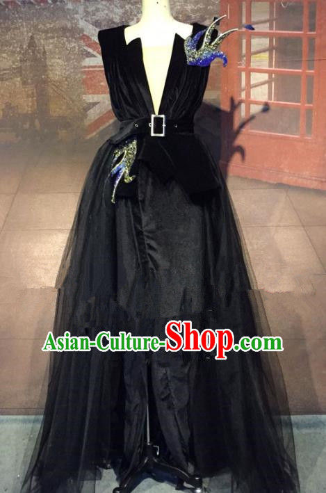 Top Grade Stage Performance Costume Modern Dance Catwalks Black Veil Full Dress for Women