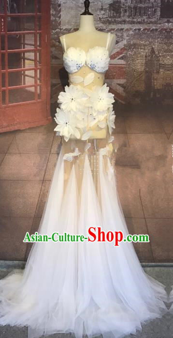 Top Grade Stage Performance Costume Modern Dance Catwalks White Feather Full Dress for Women