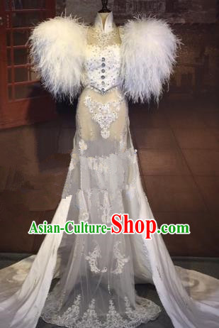 Top Grade Stage Performance Costume Modern Dance White Lace Dress Catwalks Full Dress for Women