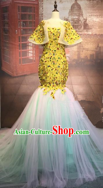 Top Grade Stage Performance Costume Modern Dance Mermaid Dress Catwalks Golden Full Dress for Women