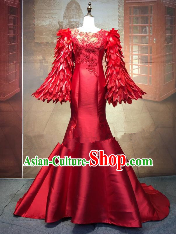 Top Grade Stage Performance Costume Modern Dance Cheongsam Catwalks Red Feather Full Dress for Women