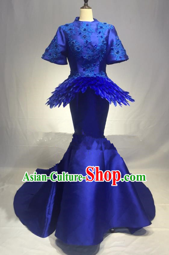 Top Grade Stage Performance Costume Modern Dance Dress Catwalks Blue Full Dress for Women
