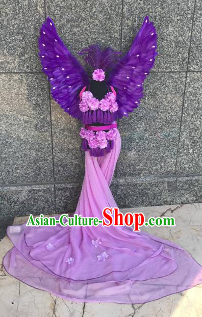 Top Grade Children Stage Performance Costume Modern Dance Purple Mullet Dress Catwalks Swimsuit Feather Wings for Kids