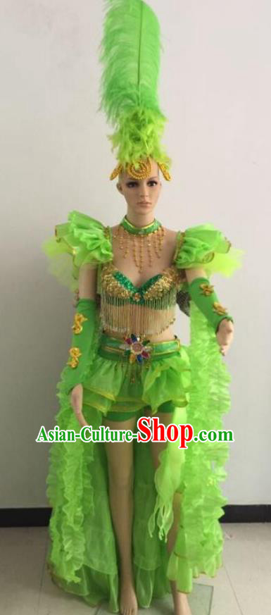 Top Grade Catwalks Green Feather Costume Brazilian Carnival Samba Dance Bikini Clothing and Headdress for Women