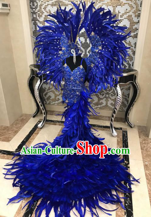 Top Grade Children Stage Performance Costume Modern Dance Catwalks Swimsuit and Blue Feather Wings for Kids