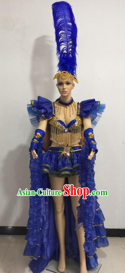 Top Grade Catwalks Royalblue Feather Costume Brazilian Carnival Samba Dance Bikini Clothing and Headdress for Women