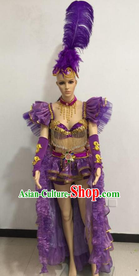 Top Grade Catwalks Purple Feather Costume Brazilian Carnival Samba Dance Bikini Clothing and Headdress for Women