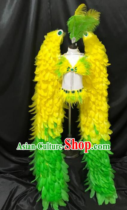 Top Grade Catwalks Yellow Feather Wings Costume Brazilian Carnival Samba Dance Bikini Clothing and Headdress for Kids