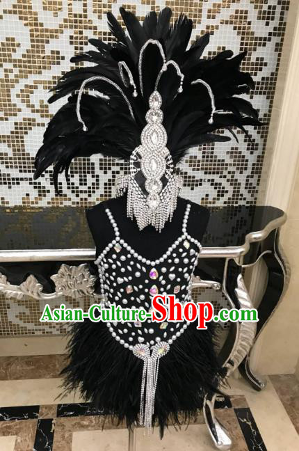 Top Grade Children Stage Performance Costume Catwalks Black Feather Bikini Dress and Headwear for Kids