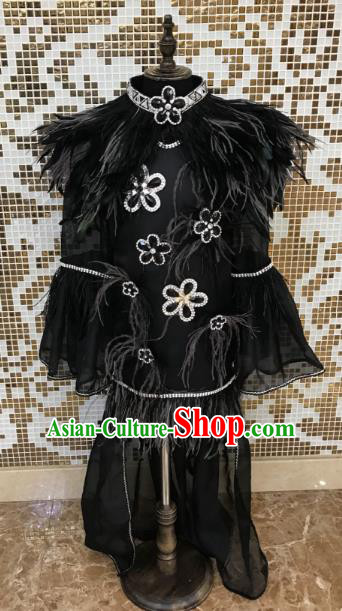 Top Grade Children Stage Performance Costume Catwalks Black Feather Bikini Dress for Kids