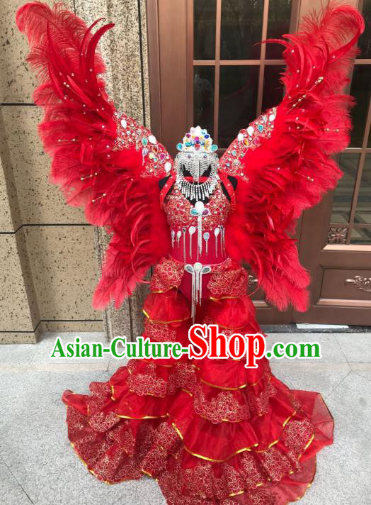 Top Grade Children Stage Performance Costume Catwalks Red Feather Wings Bikini Dress and Headwear for Kids