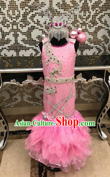 Top Grade Children Stage Performance Costume Catwalks Pink Dress and Headwear for Kids