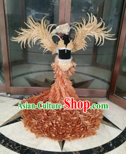 Top Grade Children Stage Performance Costume Modern Dance Brown Feather Bikini Dress and Wings for Kids