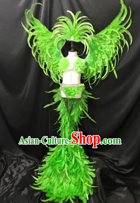 Top Grade Children Stage Performance Costume Catwalks Green Feather Bikini Dress with Wings for Kids