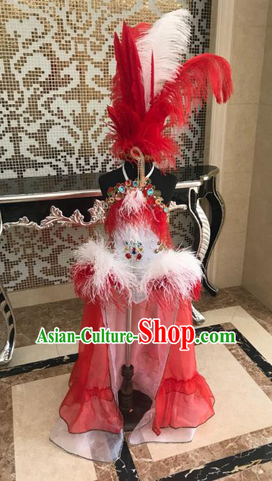 Top Grade Children Stage Performance Costume Catwalks Bikini Dress and Red Feather Headdress for Kids